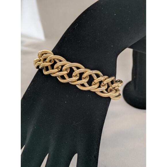 Smooth Gold Tone Link Bracelet, Rounded Chain, Statement Accessory - Picture 2 of 6